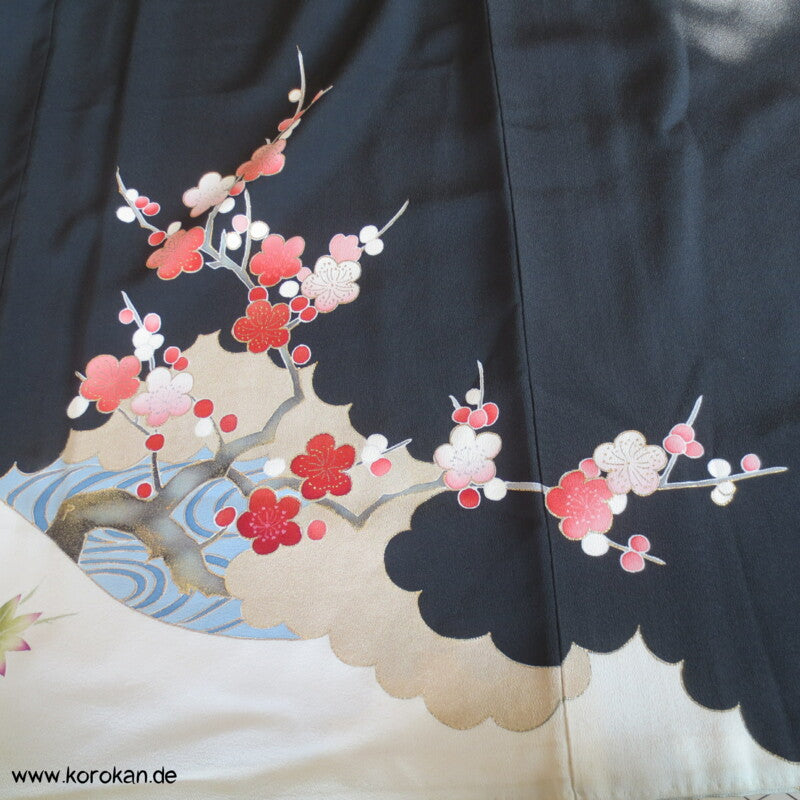 Sakura Zweige, grüner Ahorn Tomesode Seiden Kimono