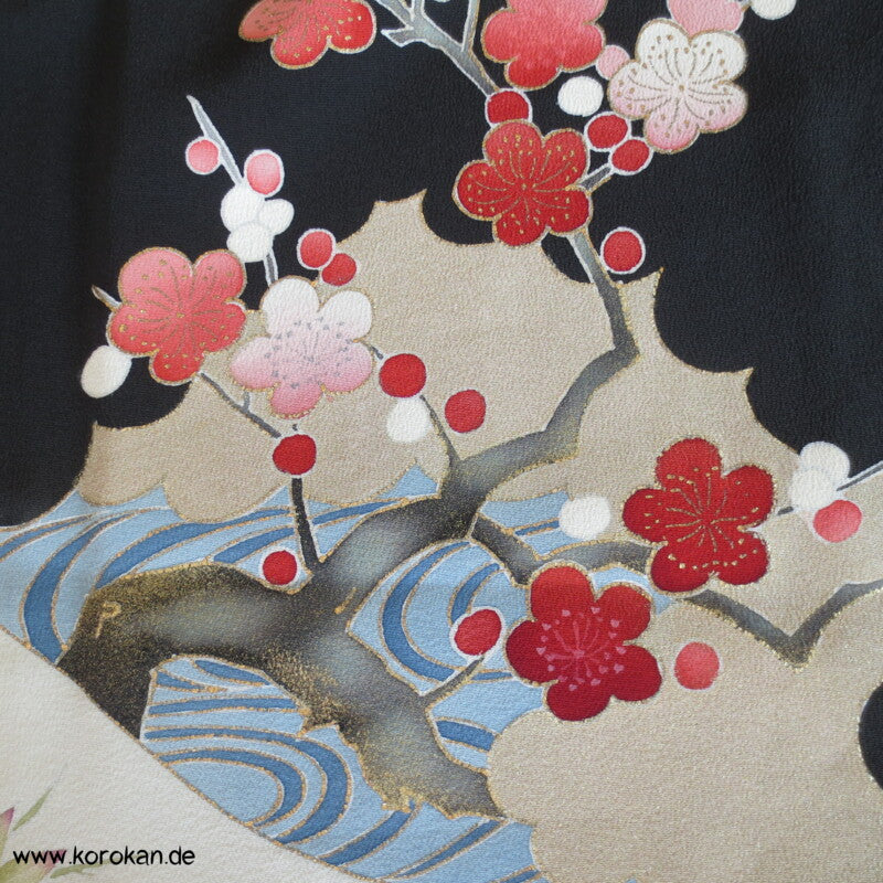 Sakura Zweige, grüner Ahorn Tomesode Seiden Kimono