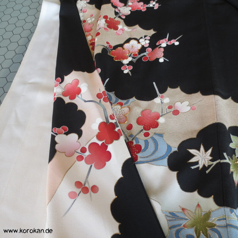 Sakura Zweige, grüner Ahorn Tomesode Seiden Kimono