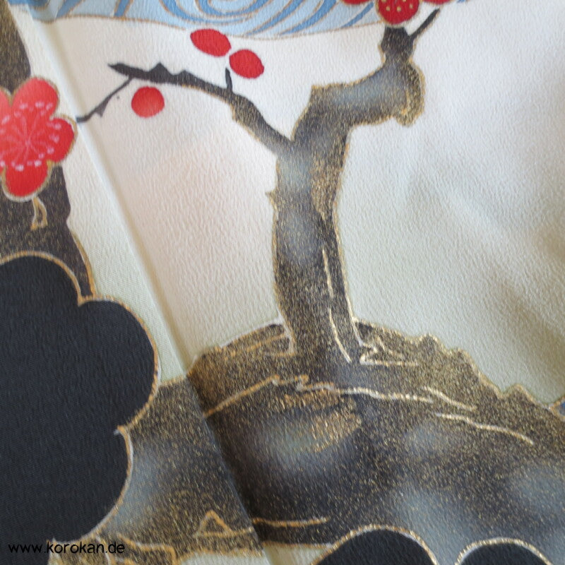 Sakura Zweige, grüner Ahorn Tomesode Seiden Kimono