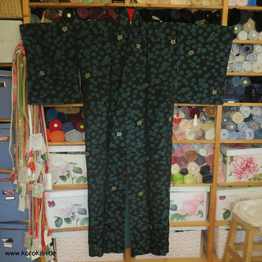 türkise Blüten auf schwarz Komon Kimono, Organza Jacquard