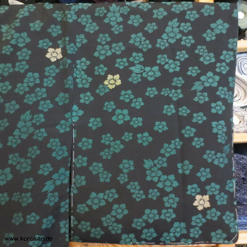 türkise Blüten auf schwarz Komon Kimono, Organza Jacquard