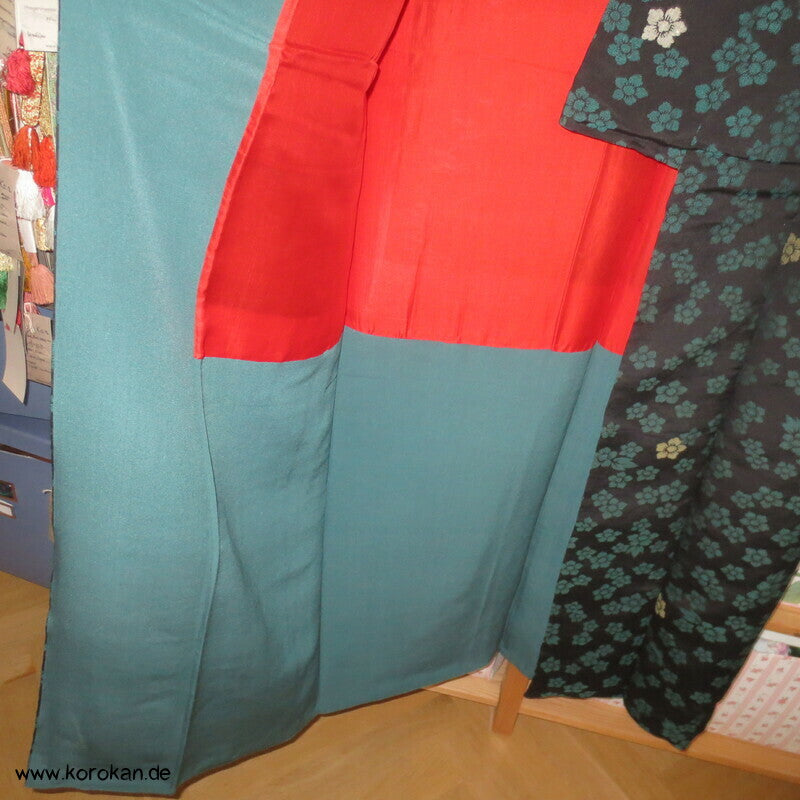 türkise Blüten auf schwarz Komon Kimono, Organza Jacquard