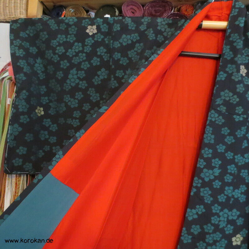 türkise Blüten auf schwarz Komon Kimono, Organza Jacquard