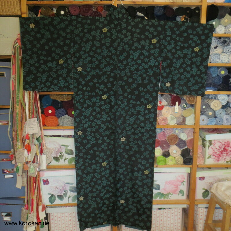 türkise Blüten auf schwarz Komon Kimono, Organza Jacquard