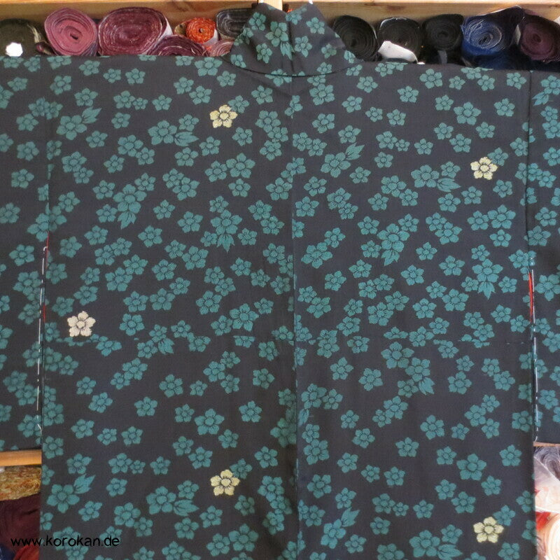 türkise Blüten auf schwarz Komon Kimono, Organza Jacquard