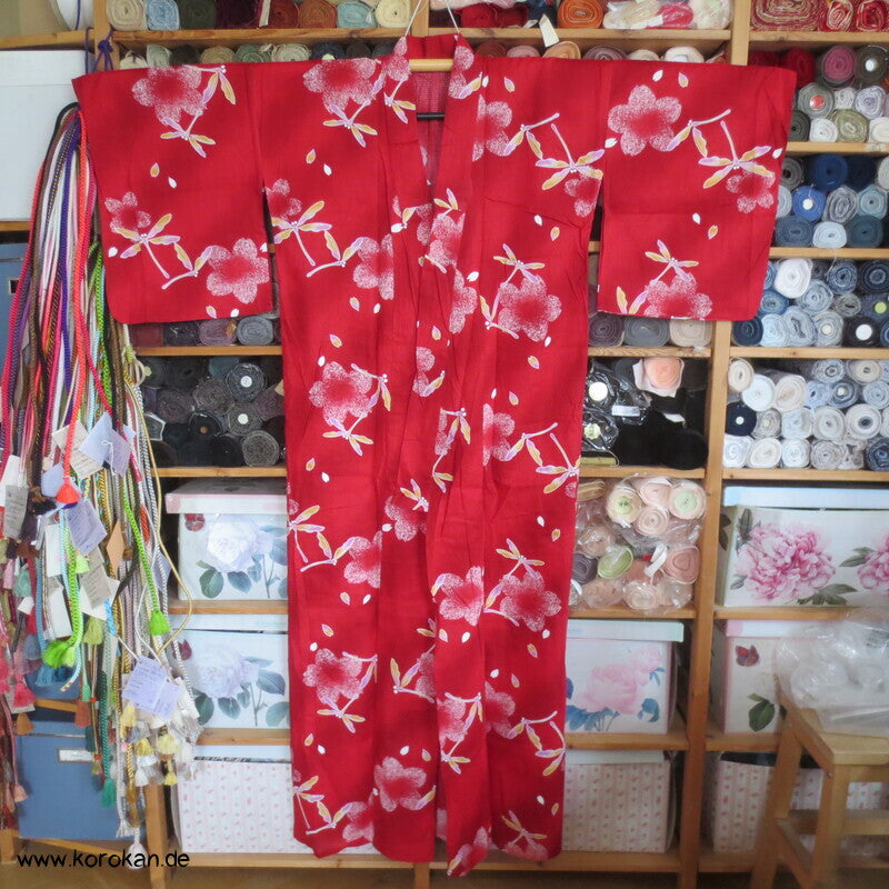 Yukata, reine Baumwolle, Tombo auf rot rosa