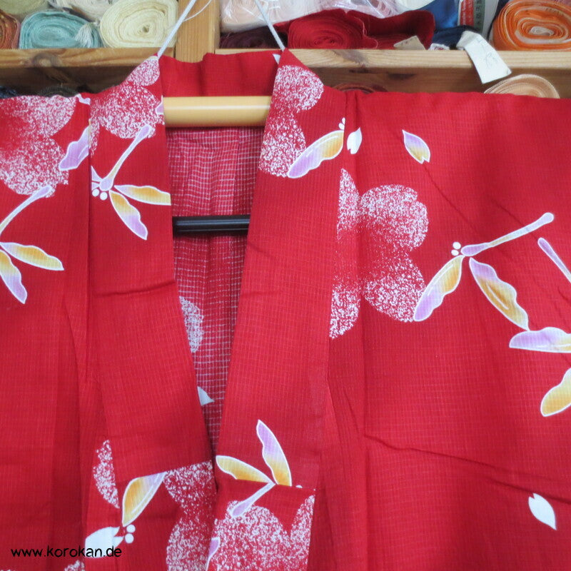 Yukata, reine Baumwolle, Tombo auf rot rosa