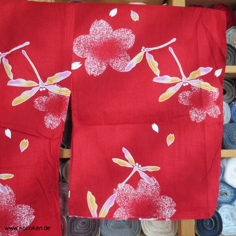 Yukata, reine Baumwolle, Tombo auf rot rosa