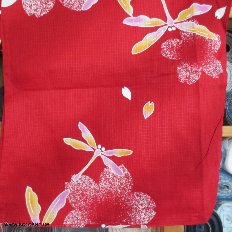 Yukata, reine Baumwolle, Tombo auf rot rosa