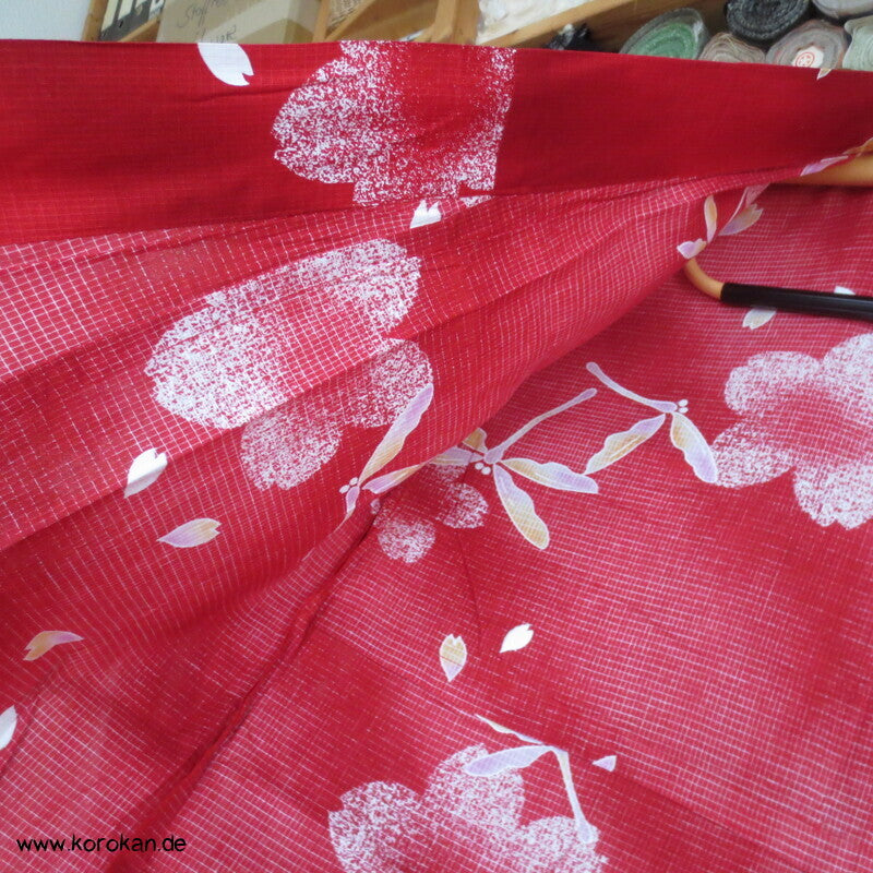 Yukata, reine Baumwolle, Tombo auf rot rosa