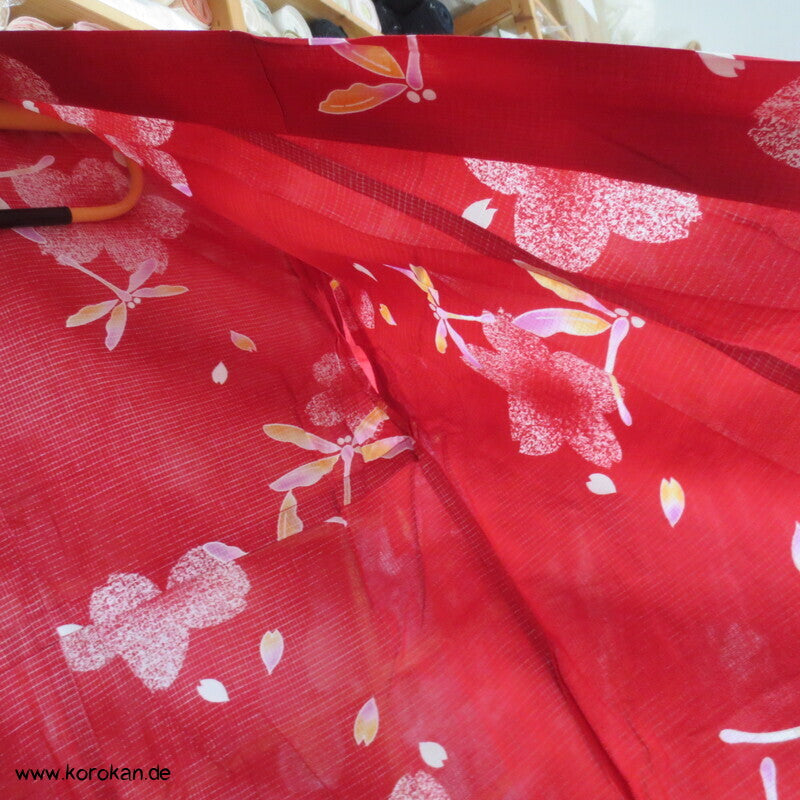 Yukata, reine Baumwolle, Tombo auf rot rosa