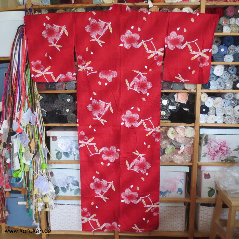Yukata, reine Baumwolle, Tombo auf rot rosa
