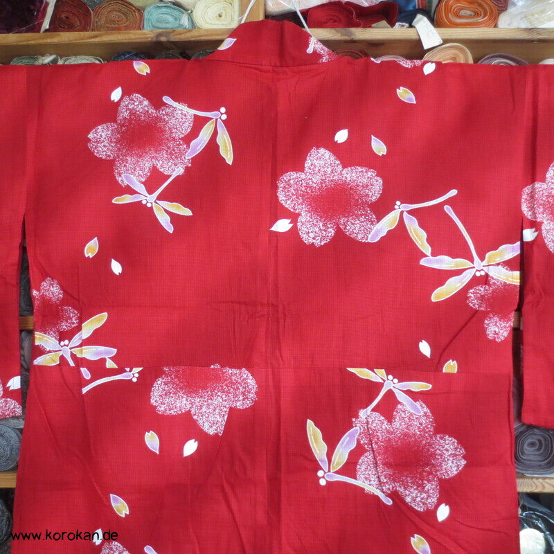 Yukata, reine Baumwolle, Tombo auf rot rosa