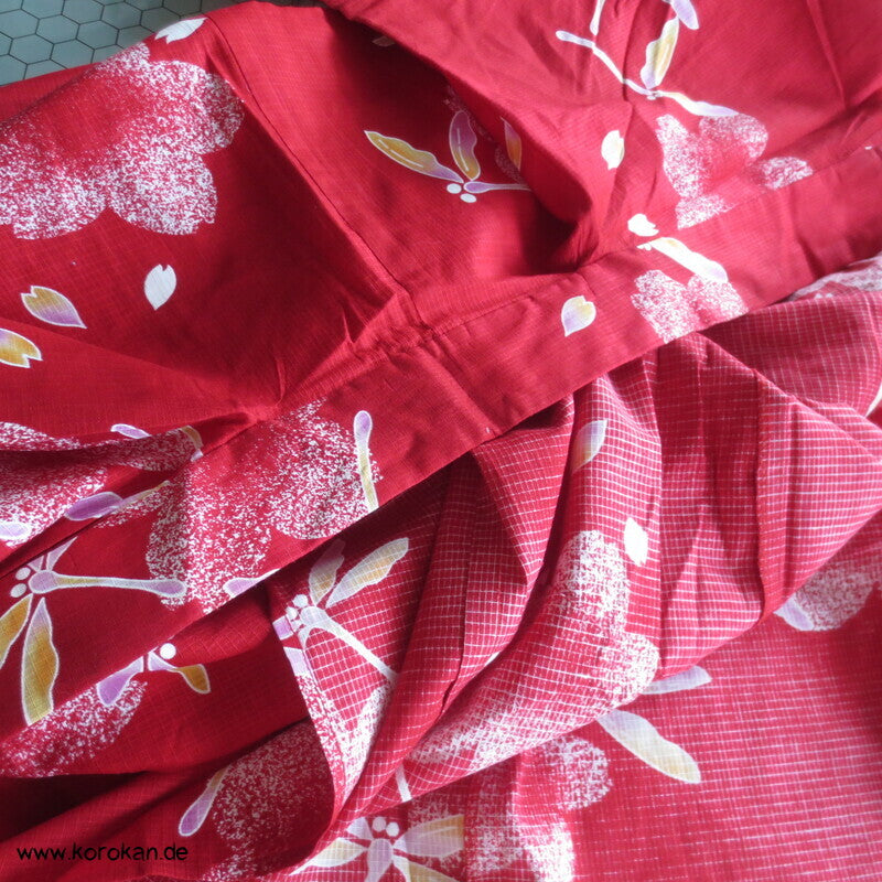 Yukata, reine Baumwolle, Tombo auf rot rosa