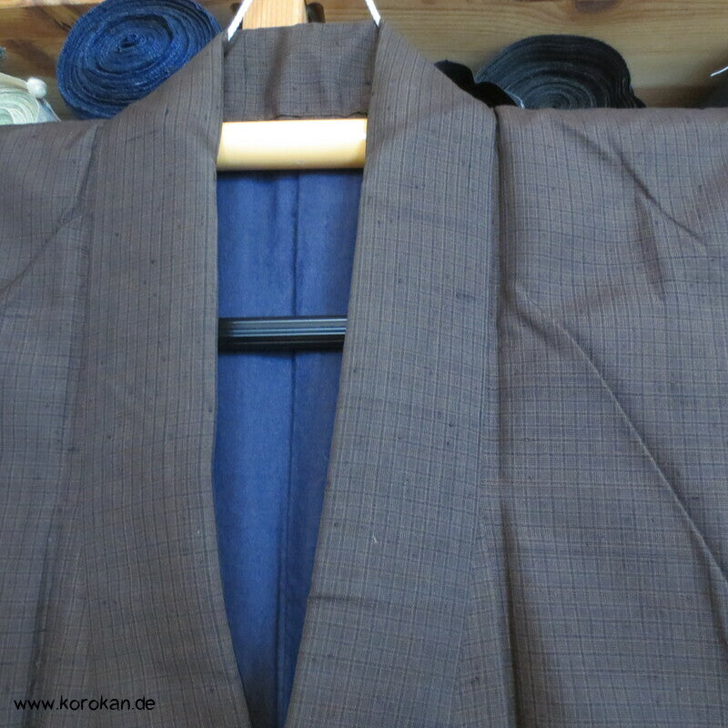 Men's Tsumugi Kimono, braun schwarz kariert