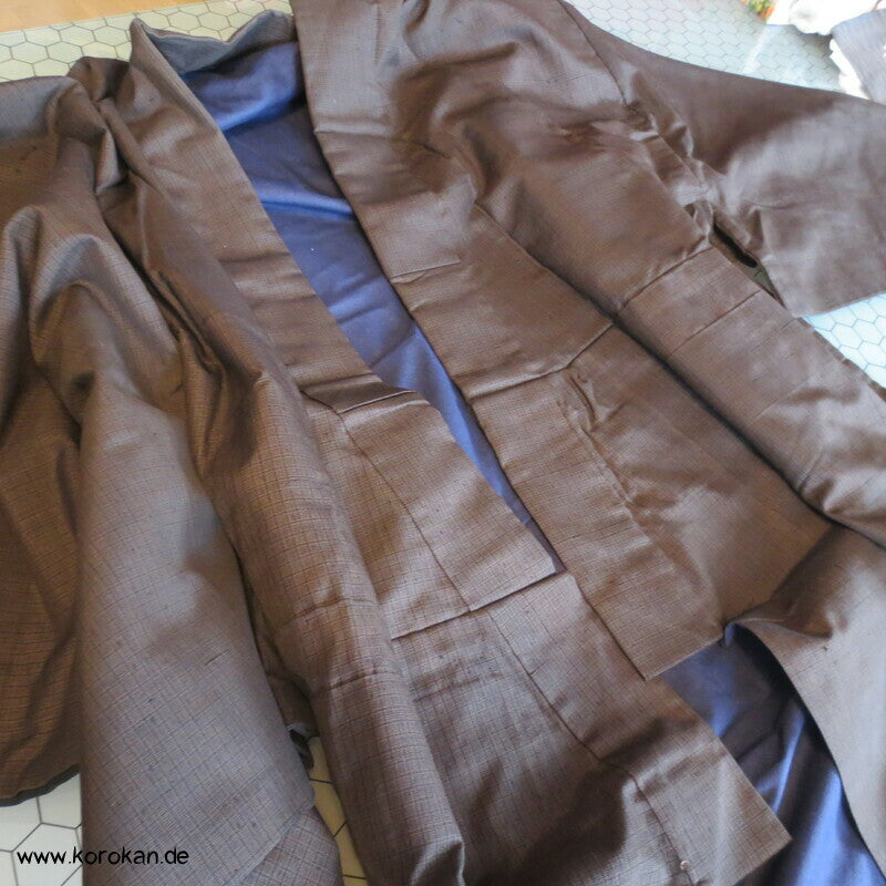 Men's Tsumugi Kimono, braun schwarz kariert