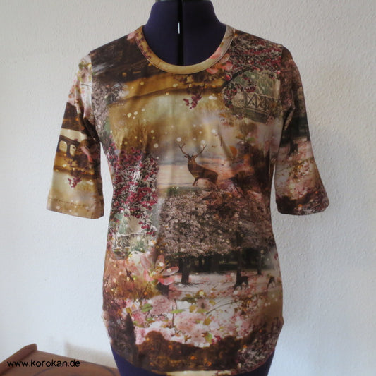 Hirsch und Kirschblüten Baumwolljersey Halbarm Shirt