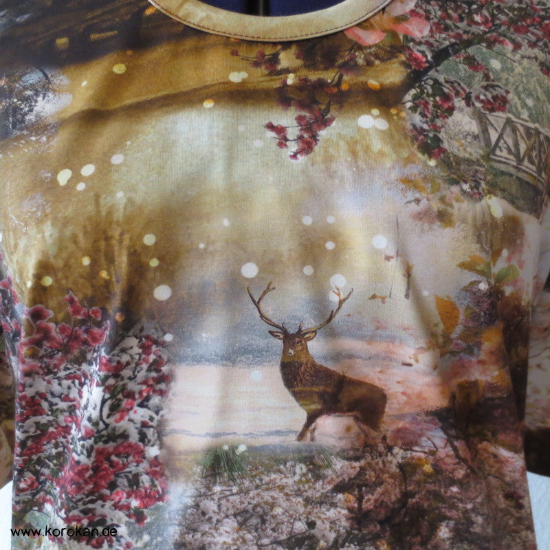Hirsch und Kirschblüten Baumwolljersey Halbarm Shirt