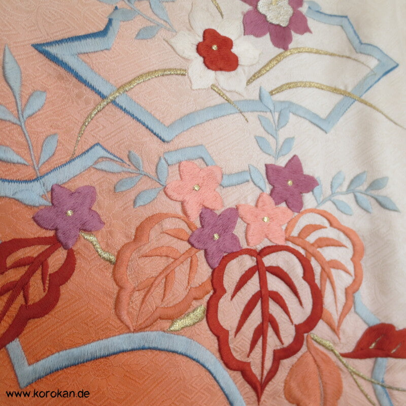 Sonnenaufgang, 4 Jahreszeiten Stickereien Furisode Seiden Kimono