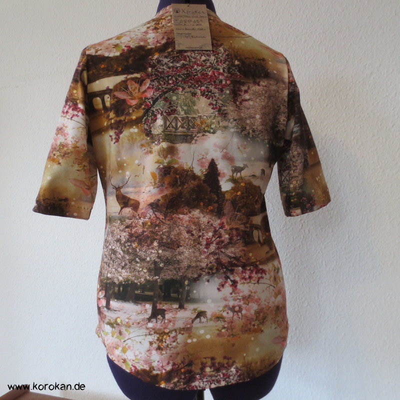Hirsch und Kirschblüten Baumwolljersey Halbarm Shirt