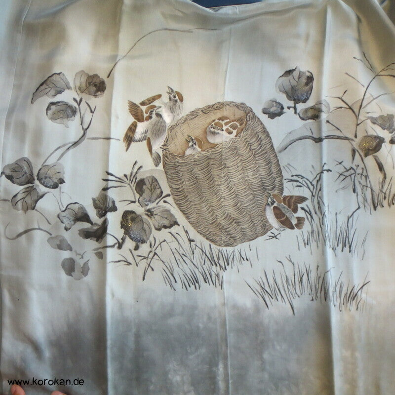 Spatzen im Korb Seidenmalerei Juban Kimono