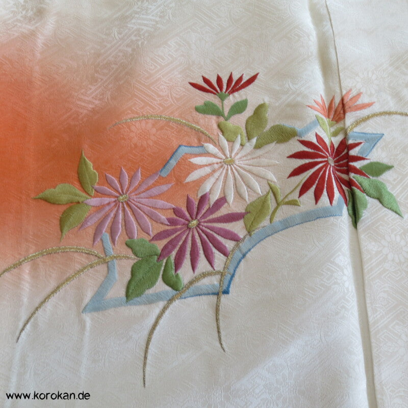 Sonnenaufgang, 4 Jahreszeiten Stickereien Furisode Seiden Kimono