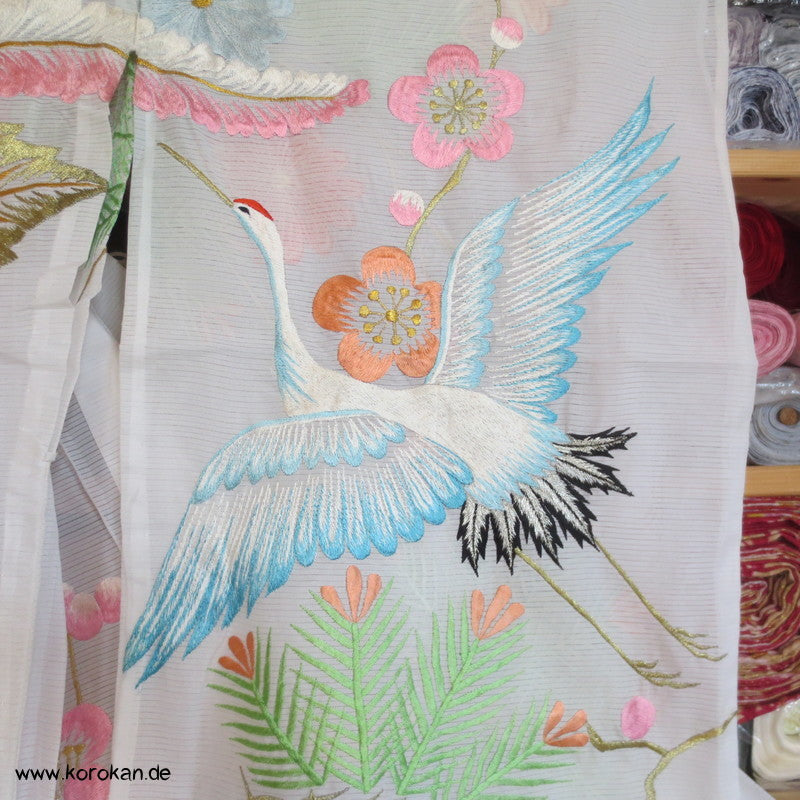 Stickereien mit Kranichen Sha Seiden - Furisode, prächtig