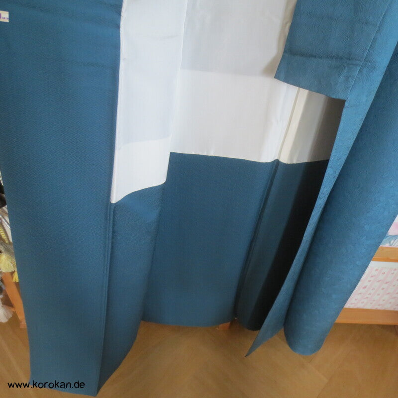 petroltürkiser Iromuji - einfarbiger - Kimono, eingewebte Muster, sehr groß