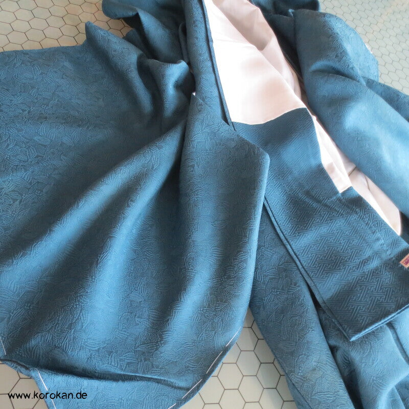 petroltürkiser Iromuji - einfarbiger - Kimono, eingewebte Muster, sehr groß