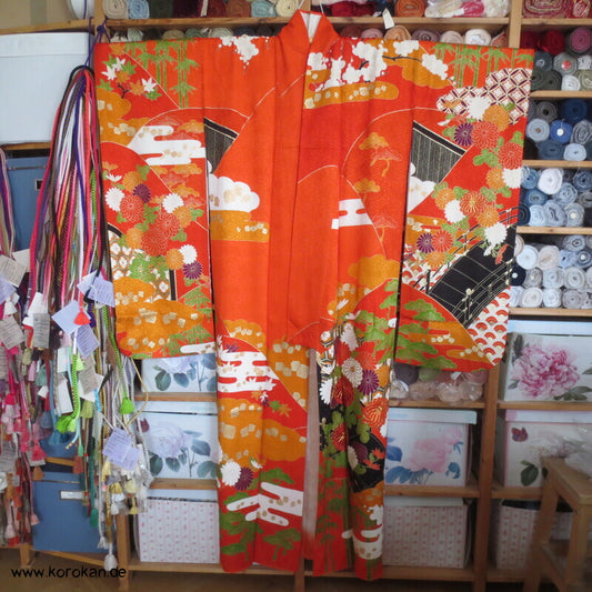 Furisode Kimono japanischer Golddruck - und stickerei Seidendamast Himmelsbrücken