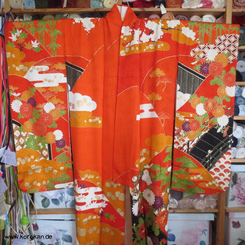 Furisode Kimono japanischer Golddruck - und stickerei Seidendamast Himmelsbrücken