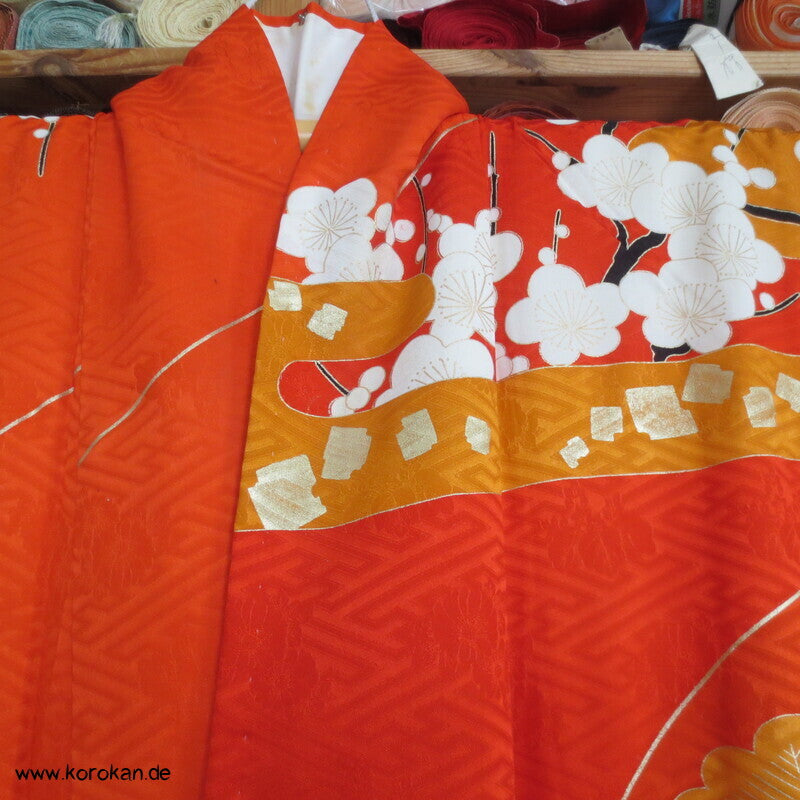 Furisode Kimono japanischer Golddruck - und stickerei Seidendamast Himmelsbrücken