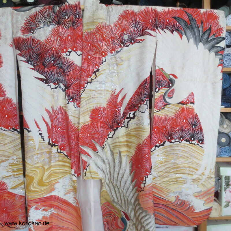 Furisode Kimono Sommer Rho Seide, riesige Kraniche vor Wellen und Kiefern