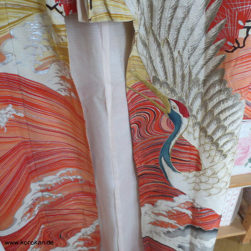Furisode Kimono Sommer Rho Seide, riesige Kraniche vor Wellen und Kiefern