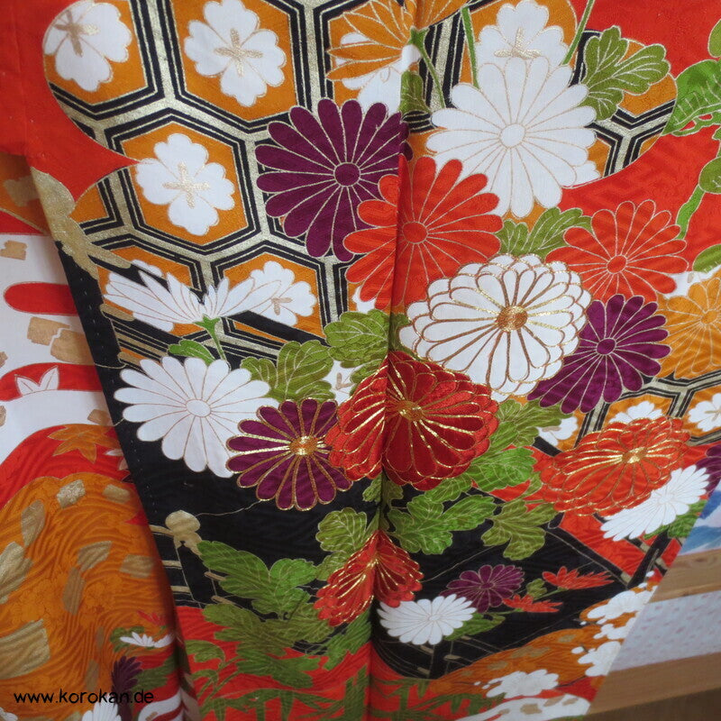 Furisode Kimono japanischer Golddruck - und stickerei Seidendamast Himmelsbrücken