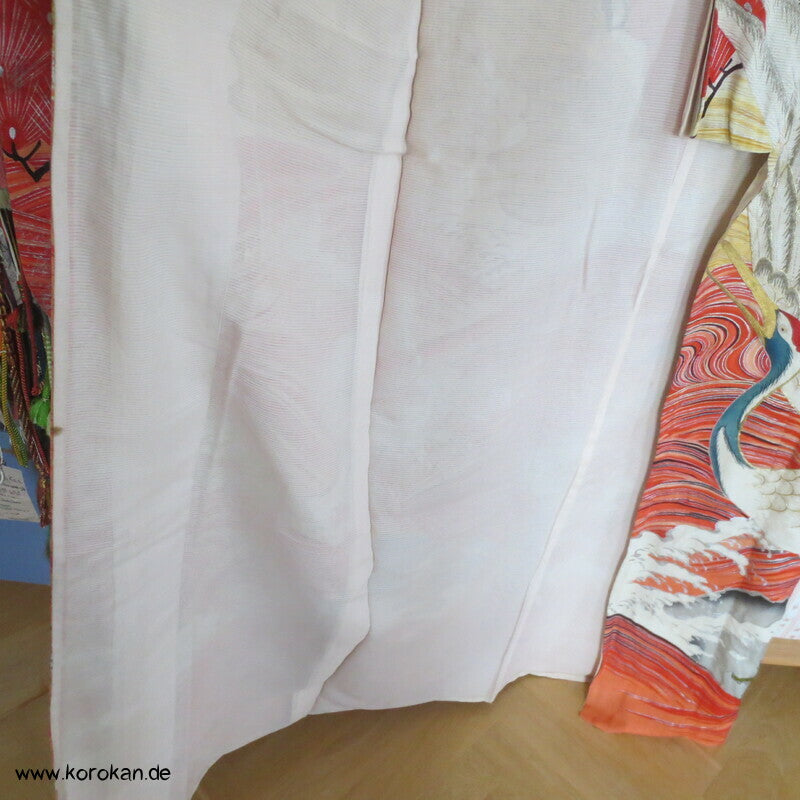 Furisode Kimono Sommer Rho Seide, riesige Kraniche vor Wellen und Kiefern