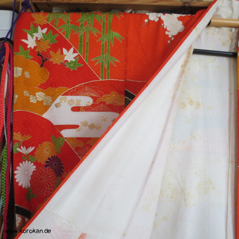 Furisode Kimono japanischer Golddruck - und stickerei Seidendamast Himmelsbrücken