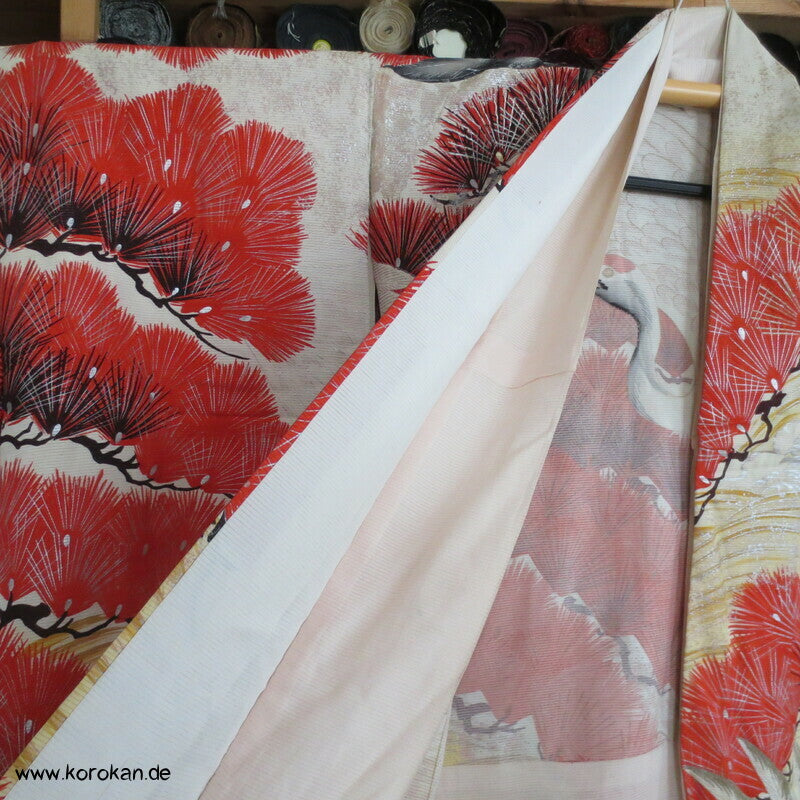 Furisode Kimono Sommer Rho Seide, riesige Kraniche vor Wellen und Kiefern