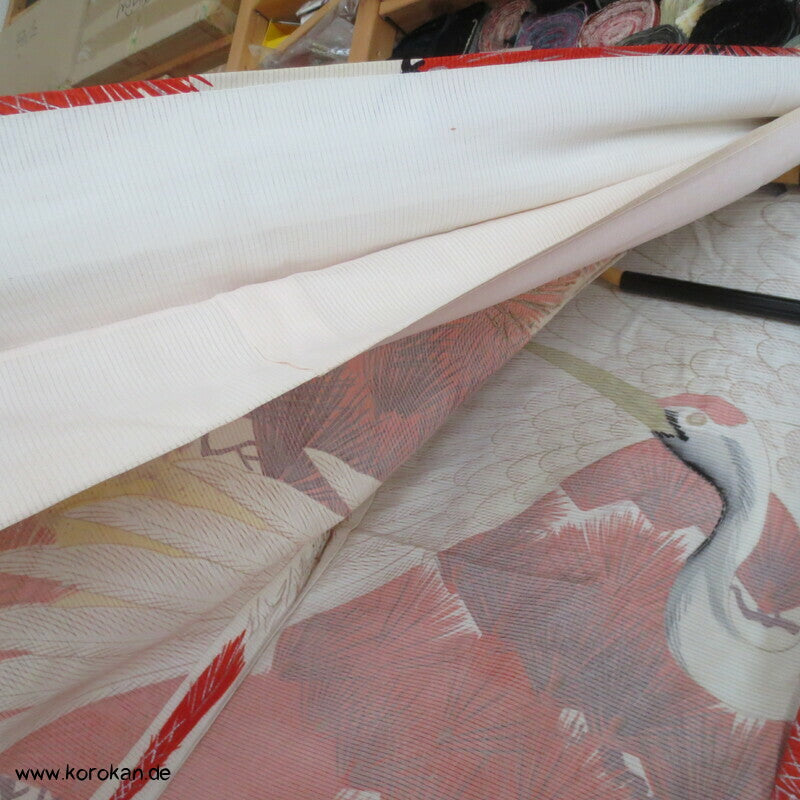 Furisode Kimono Sommer Rho Seide, riesige Kraniche vor Wellen und Kiefern