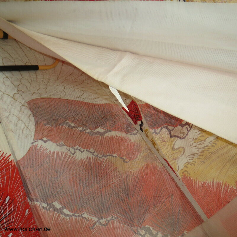 Furisode Kimono Sommer Rho Seide, riesige Kraniche vor Wellen und Kiefern