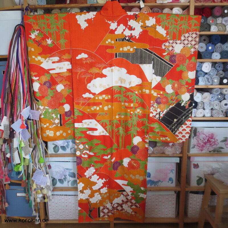 Furisode Kimono japanischer Golddruck - und stickerei Seidendamast Himmelsbrücken