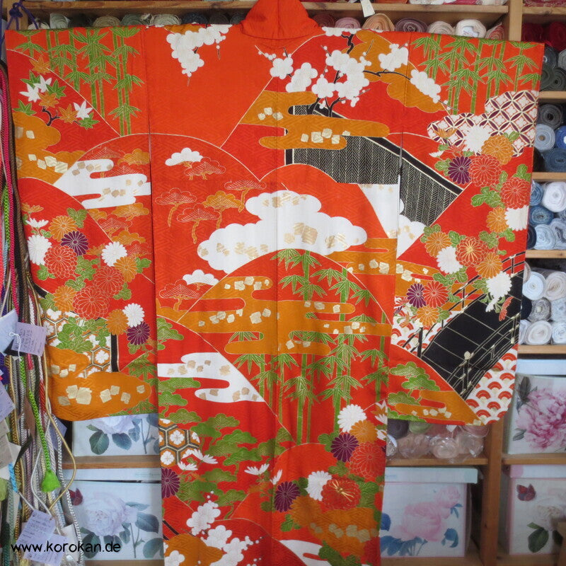Furisode Kimono japanischer Golddruck - und stickerei Seidendamast Himmelsbrücken