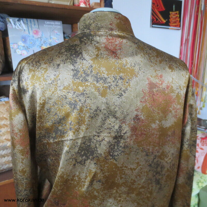 Seiden Satin Camouflage Kleid - Stehkragen, Rock mit Falten, langarm, Gr. L