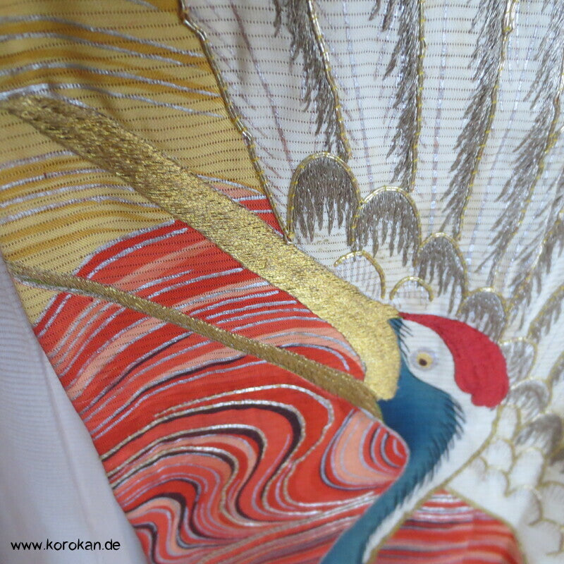 Furisode Kimono Sommer Rho Seide, riesige Kraniche vor Wellen und Kiefern