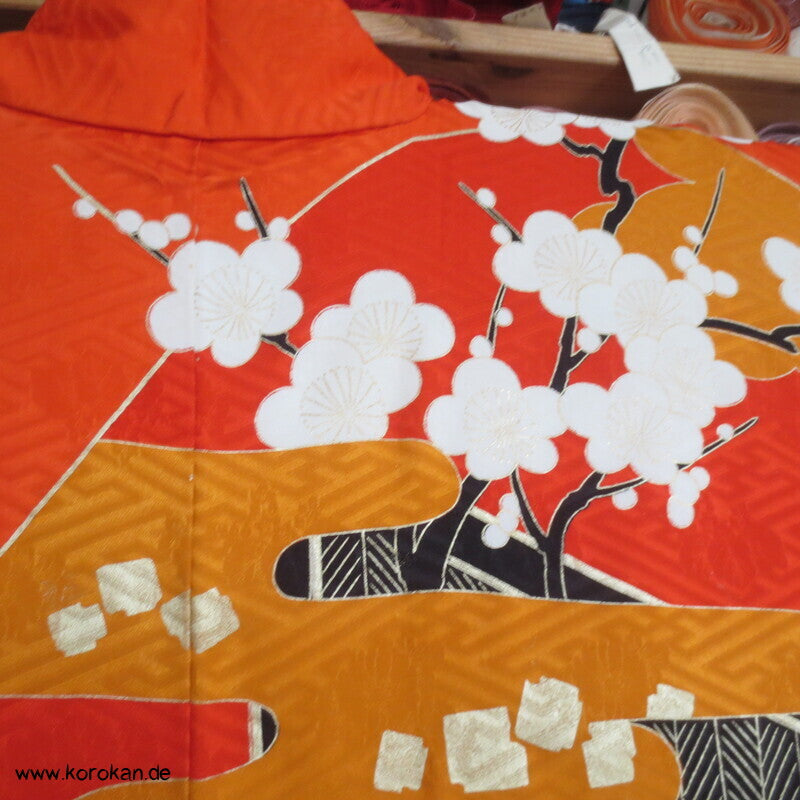 Furisode Kimono japanischer Golddruck - und stickerei Seidendamast Himmelsbrücken