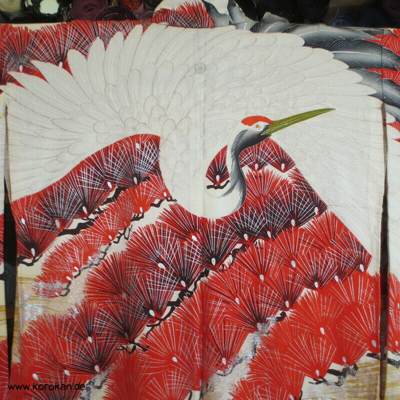 Furisode Kimono Sommer Rho Seide, riesige Kraniche vor Wellen und Kiefern