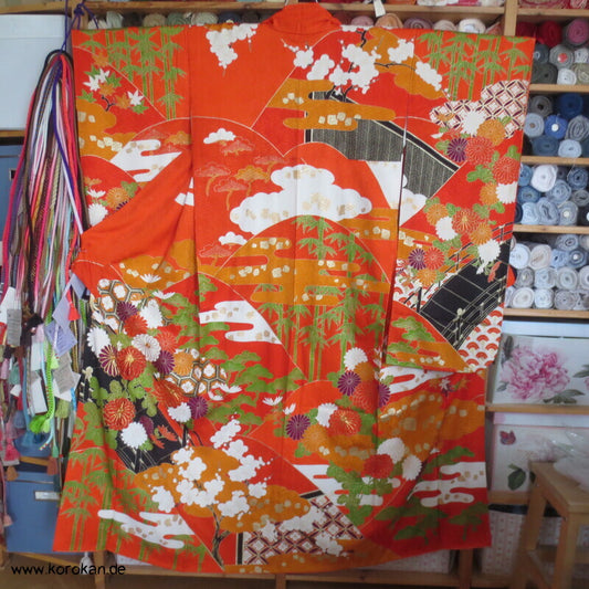 Furisode Kimono japanischer Golddruck - und stickerei Seidendamast Himmelsbrücken