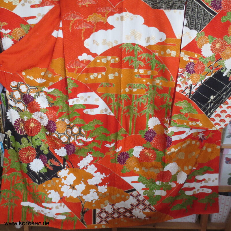 Furisode Kimono japanischer Golddruck - und stickerei Seidendamast Himmelsbrücken