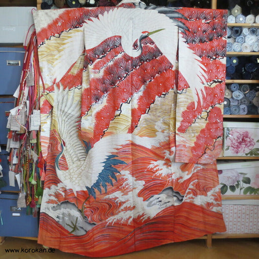 Furisode Kimono Sommer Rho Seide, riesige Kraniche vor Wellen und Kiefern